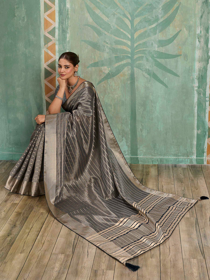 Charcoal Grey Woven Design Cotton Silk Jacquard Saree