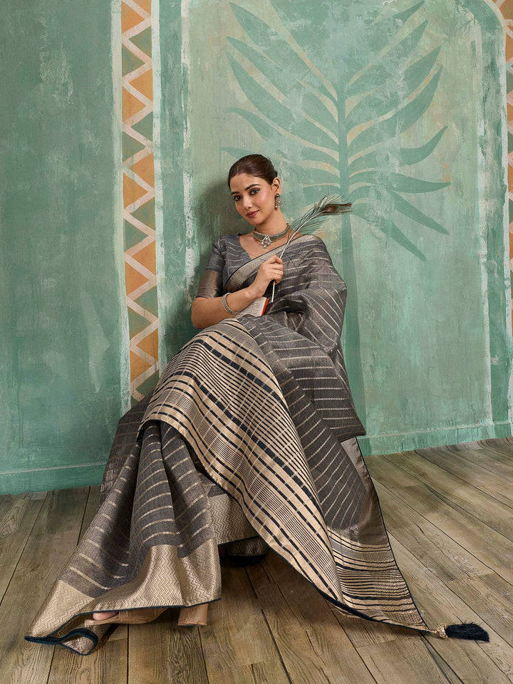 Charcoal Grey Woven Design Cotton Silk Jacquard Saree