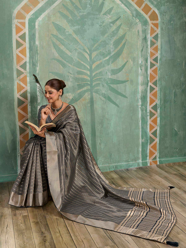 Charcoal Grey Woven Design Cotton Silk Jacquard Saree