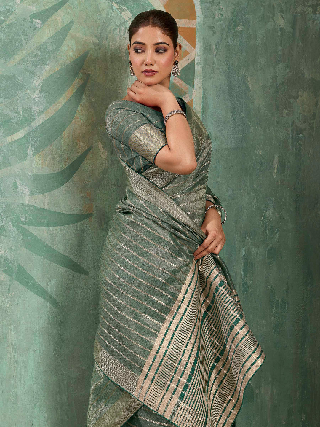 Grey Green Woven Design Cotton Silk Jacquard Saree