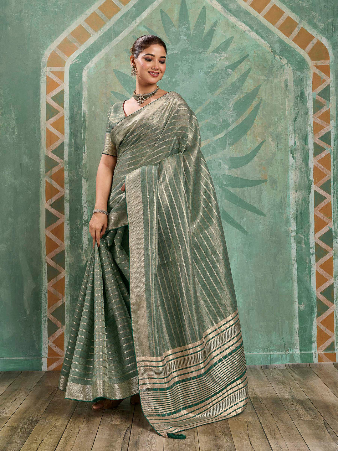 Grey Green Woven Design Cotton Silk Jacquard Saree
