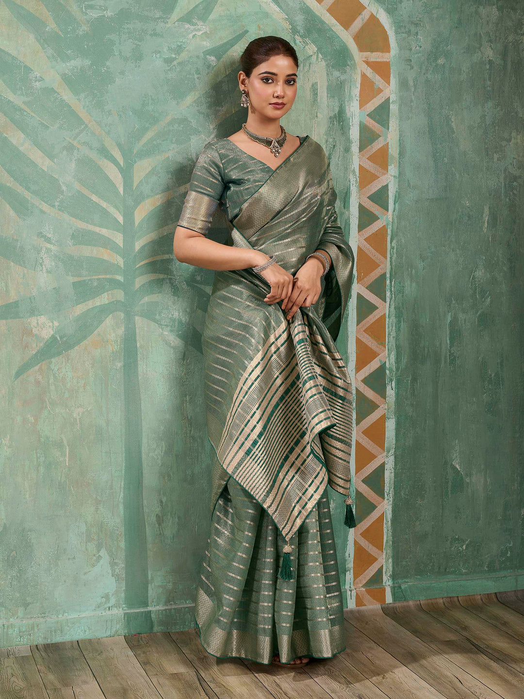 Grey Green Woven Design Cotton Silk Jacquard Saree