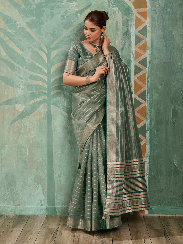 Grey Green Woven Design Cotton Silk Jacquard Saree