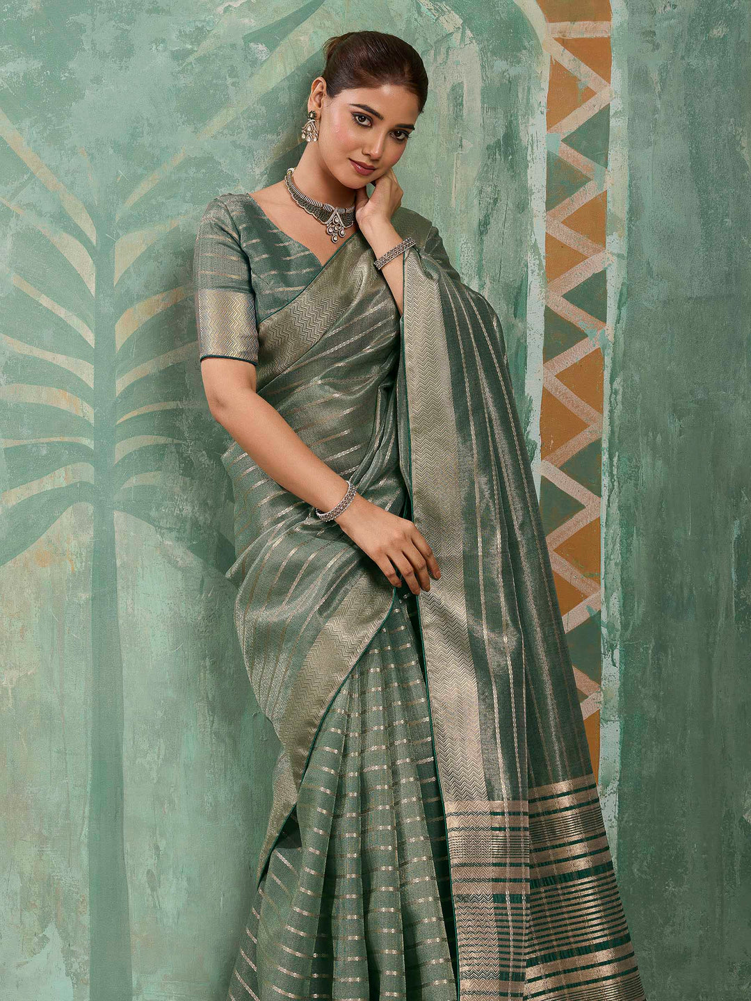 Grey Green Woven Design Cotton Silk Jacquard Saree