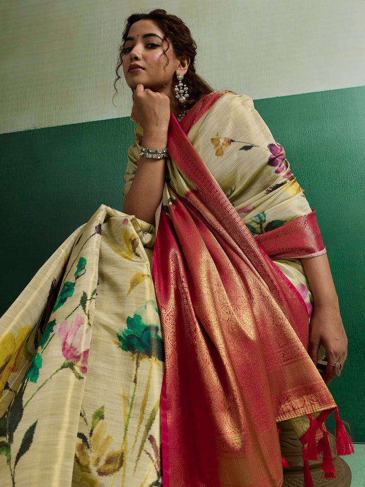 Beige Woven Design Tissue Silk Saree