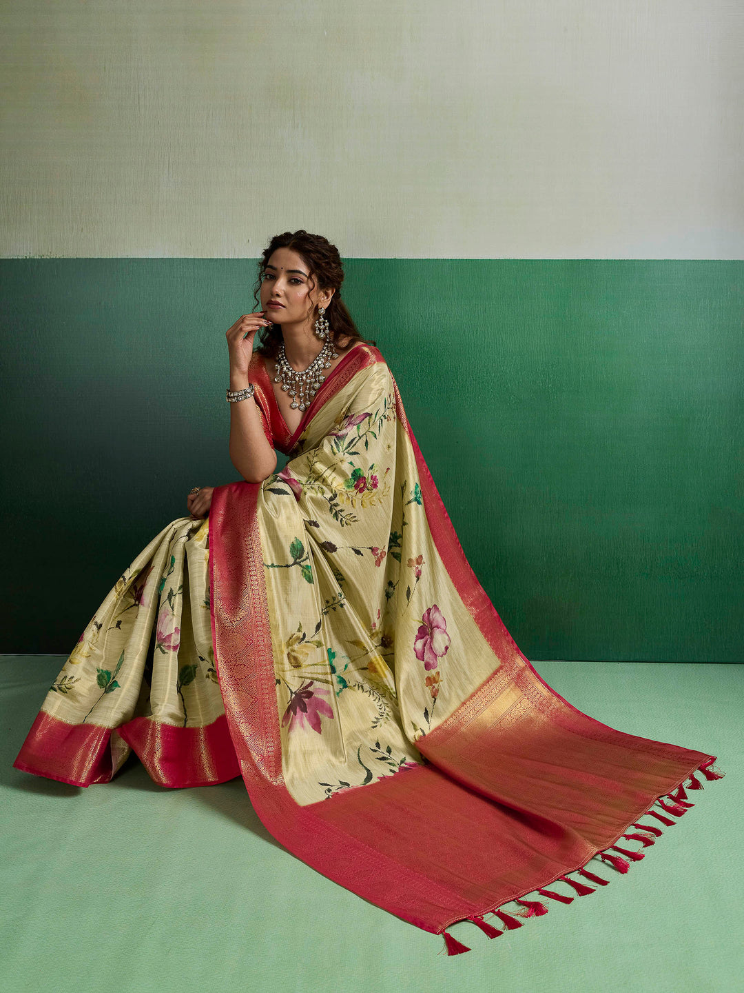 Beige Woven Design Tissue Silk Saree