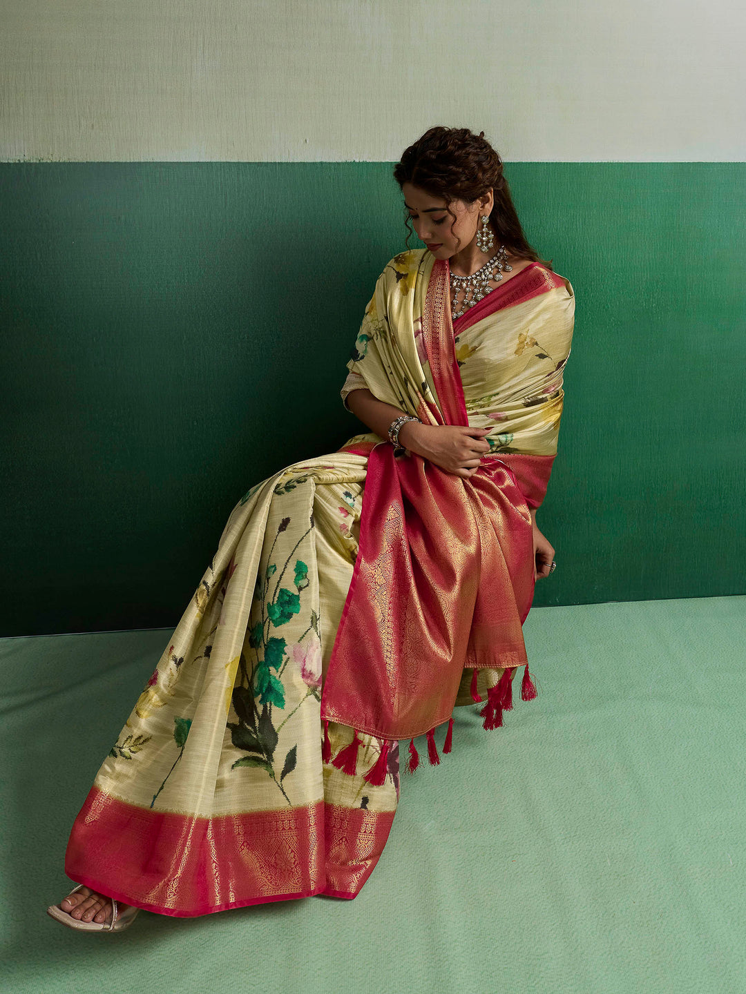 Beige Woven Design Tissue Silk Saree