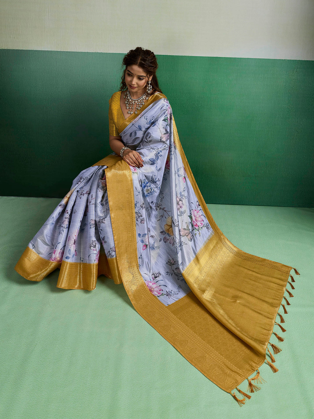 Grey Woven Design Tissue Silk Saree