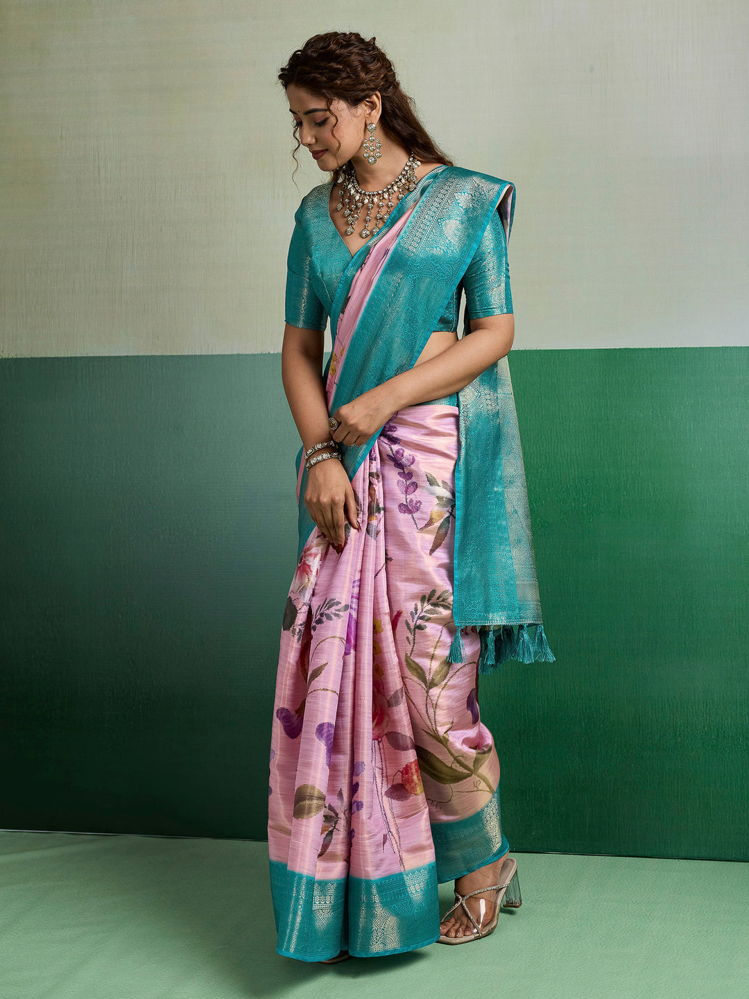 Onion Pink Woven Design Tissue Silk Saree