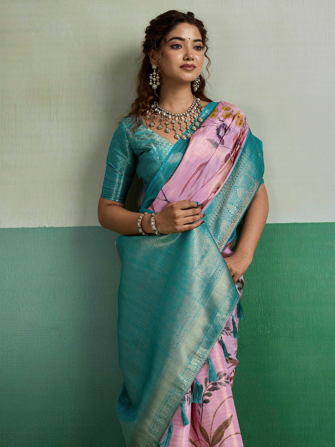 Onion Pink Woven Design Tissue Silk Saree