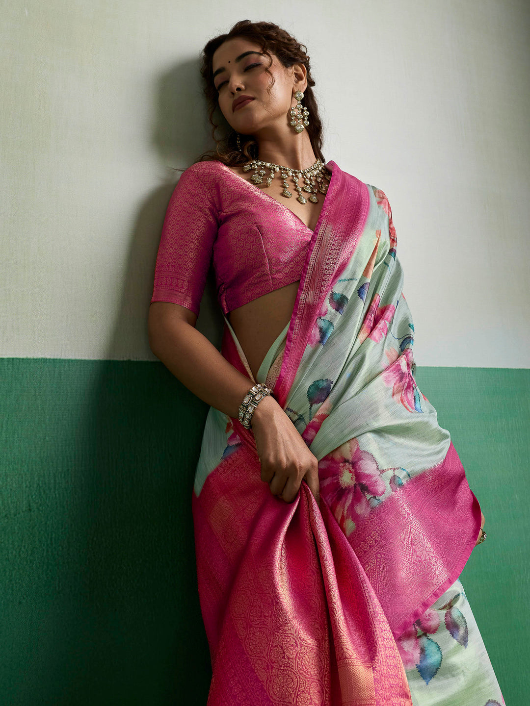 Olive Green Woven Design Tissue Silk Saree