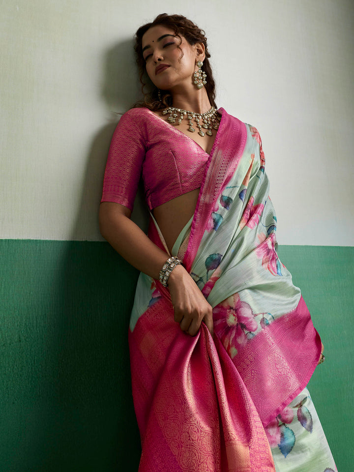 Olive Green Woven Design Tissue Silk Saree
