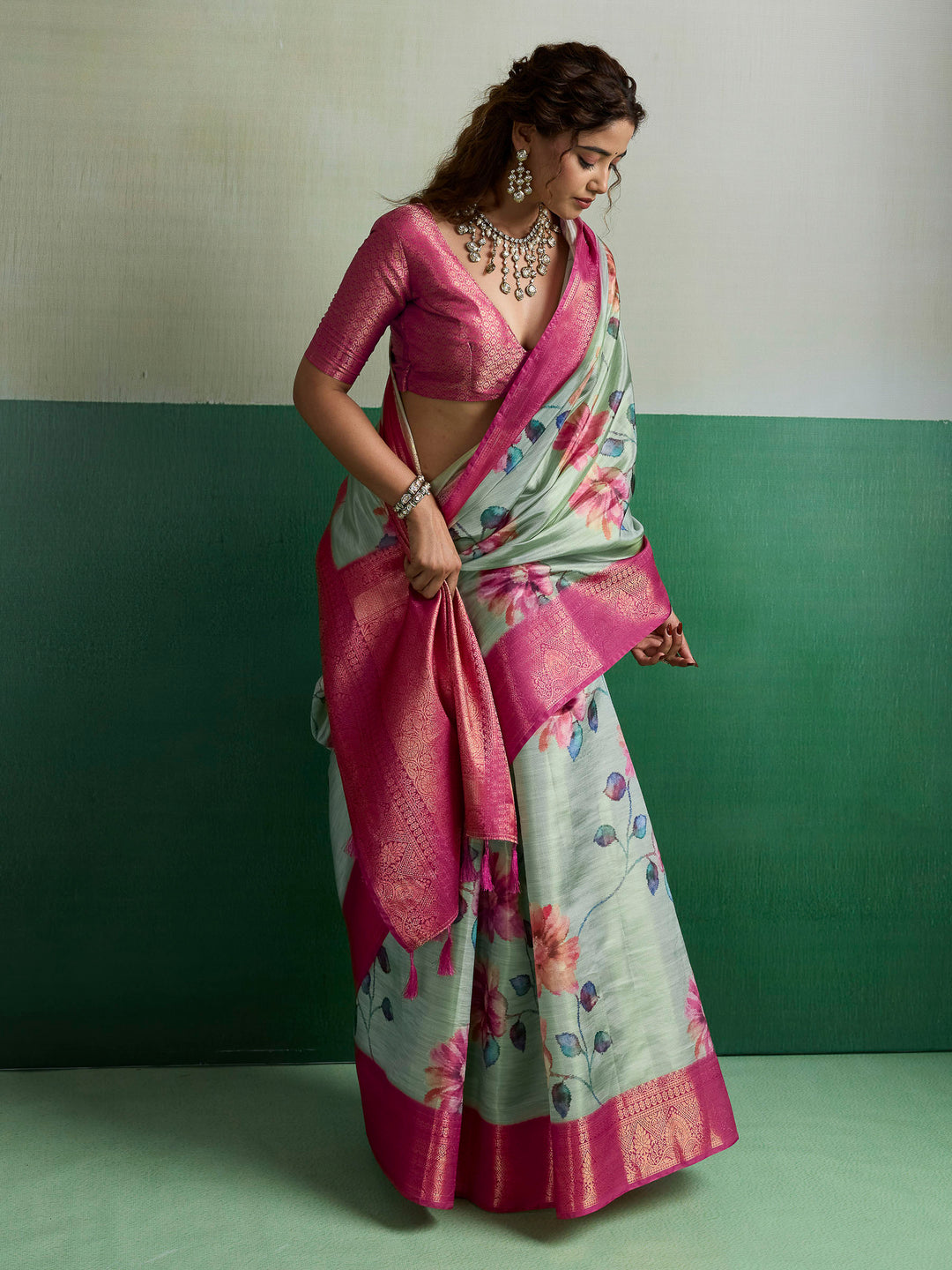 Olive Green Woven Design Tissue Silk Saree