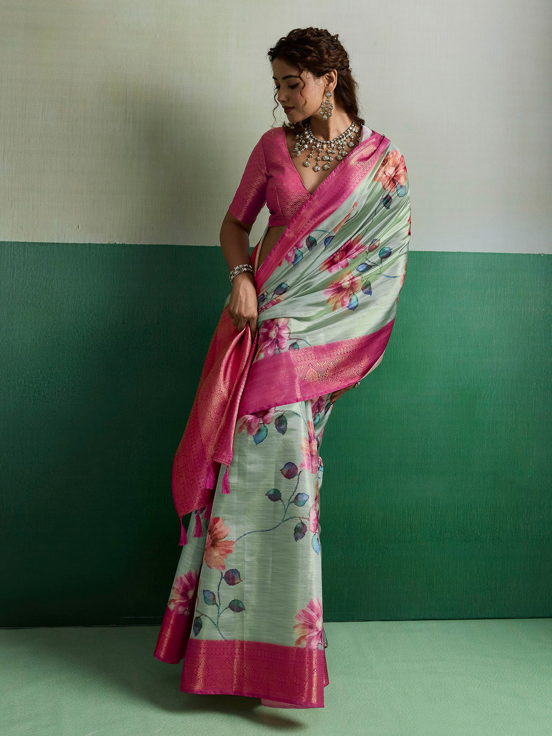 Olive Green Woven Design Tissue Silk Saree