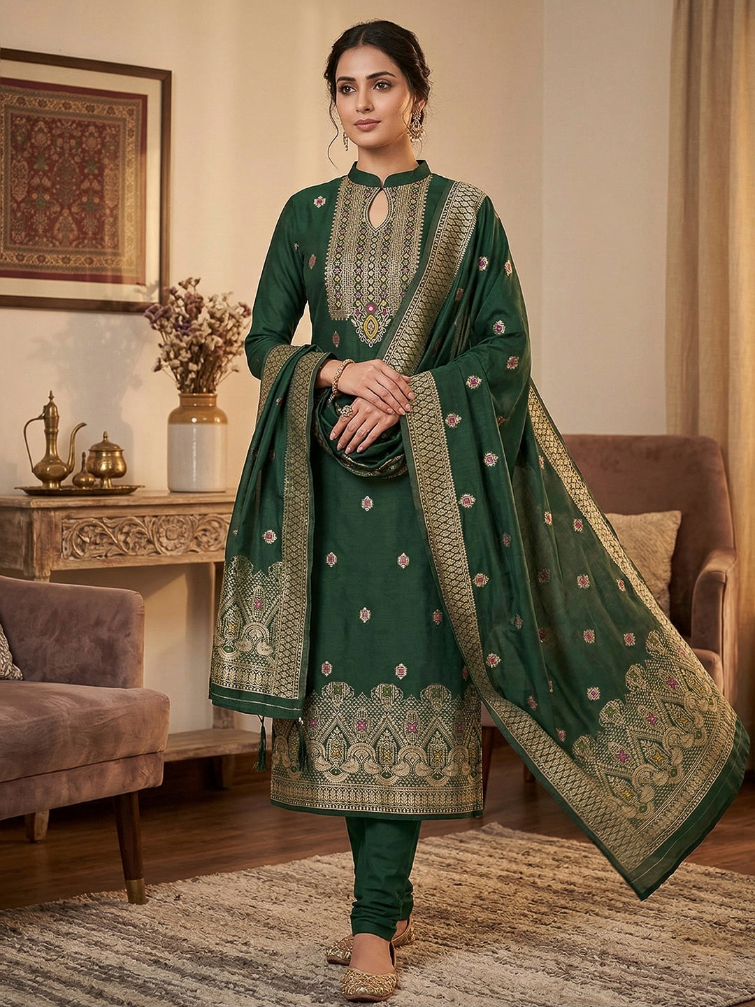Bottle-Green Pure Banarasi Chanderi Woven Design Unstitched Dress Material