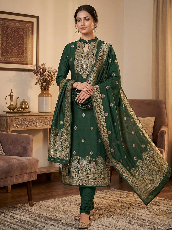 Bottle-Green Pure Banarasi Chanderi Woven Design Unstitched Dress Material