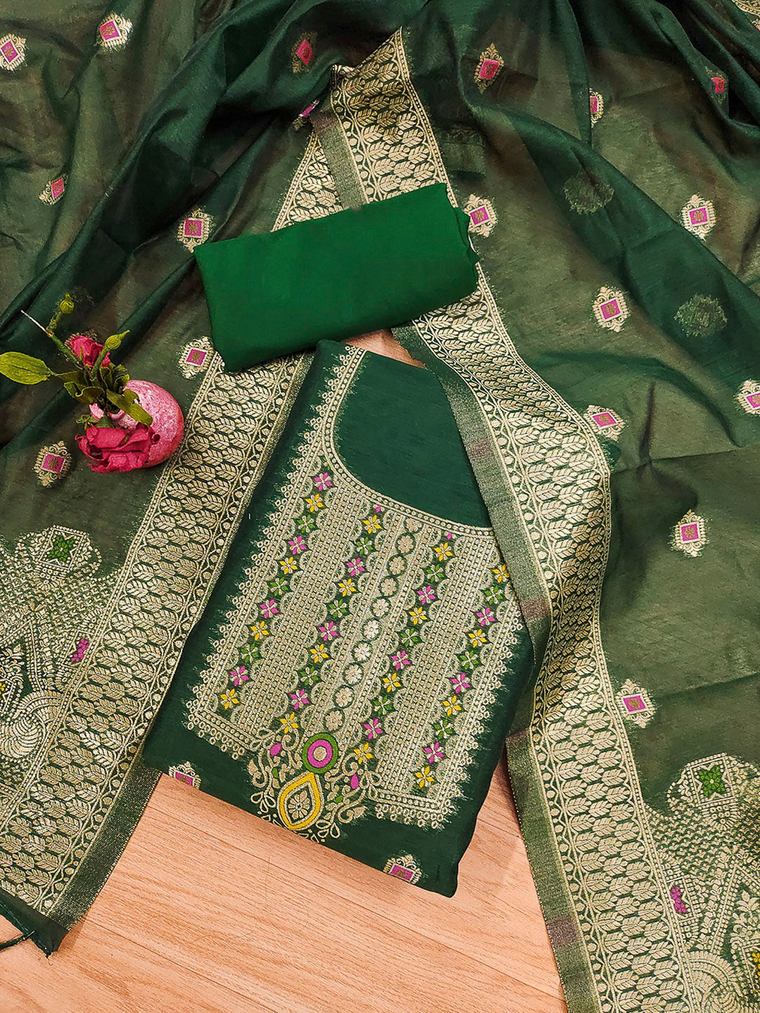 Bottle-Green Pure Banarasi Chanderi Woven Design Unstitched Dress Material