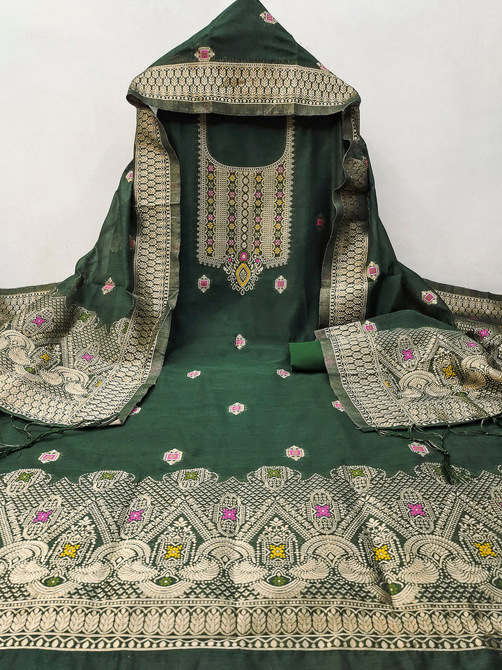 Bottle-Green Pure Banarasi Chanderi Woven Design Unstitched Dress Material