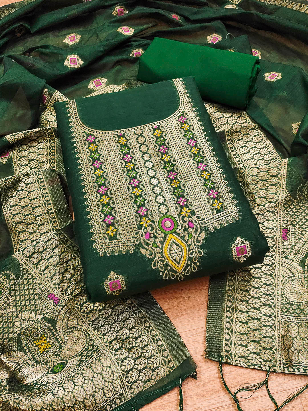 Bottle-Green Pure Banarasi Chanderi Woven Design Unstitched Dress Material