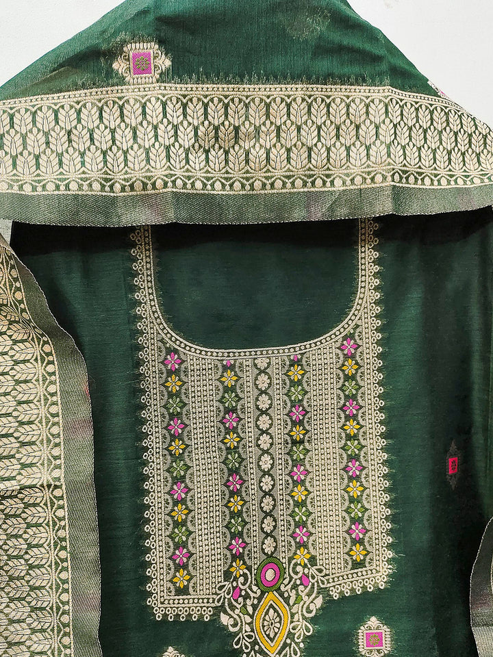 Bottle-Green Pure Banarasi Chanderi Woven Design Unstitched Dress Material