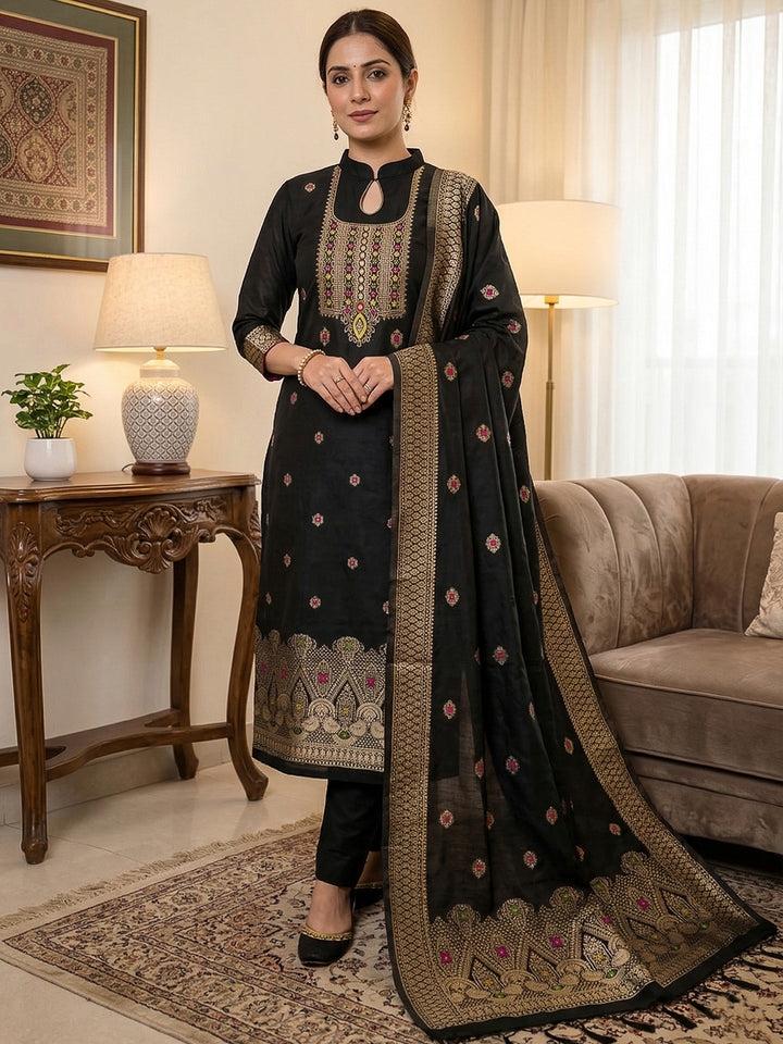 Black Pure Banarasi Chanderi Woven Design Unstitched Dress Material