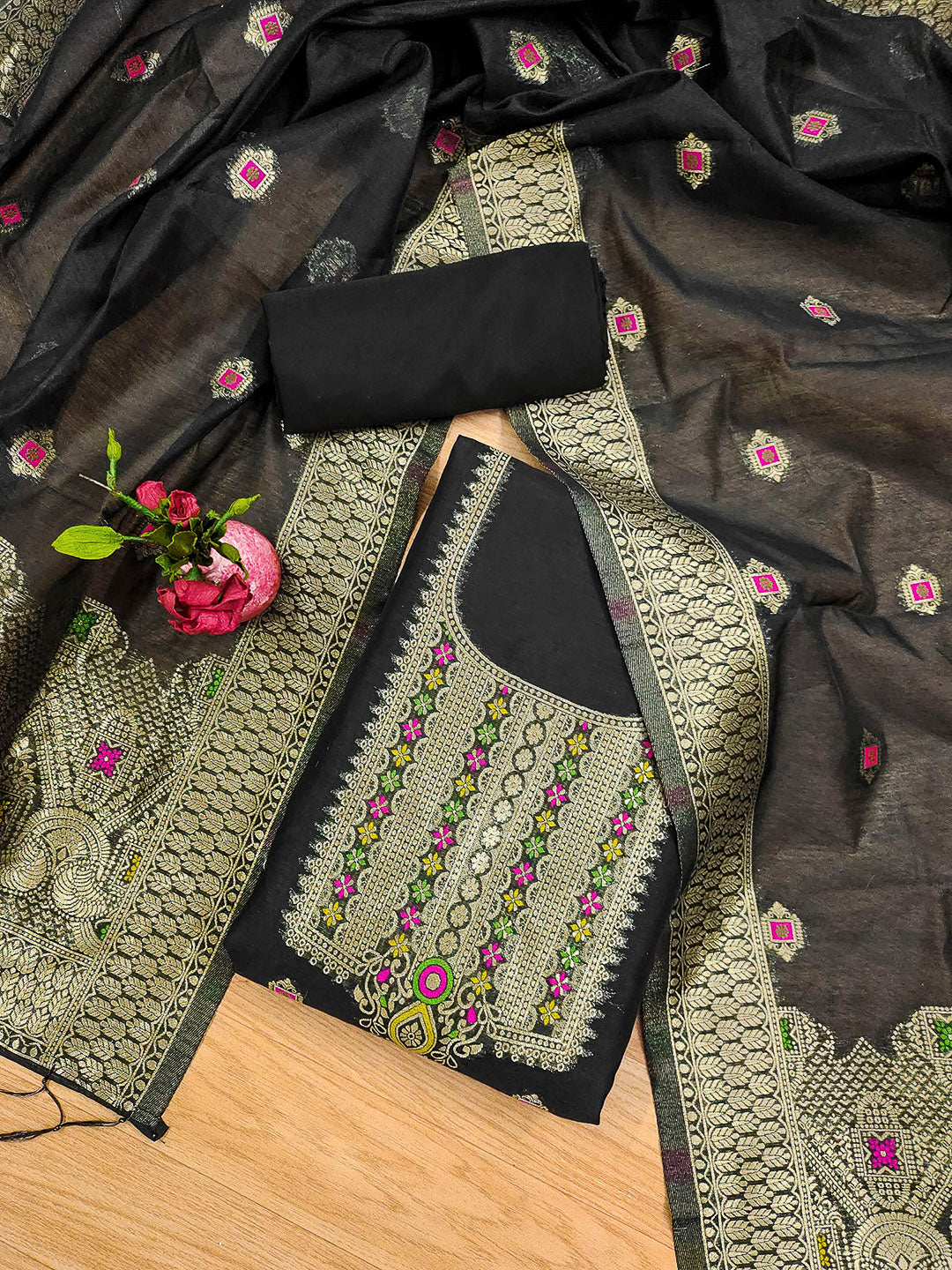 Black Pure Banarasi Chanderi Woven Design Unstitched Dress Material
