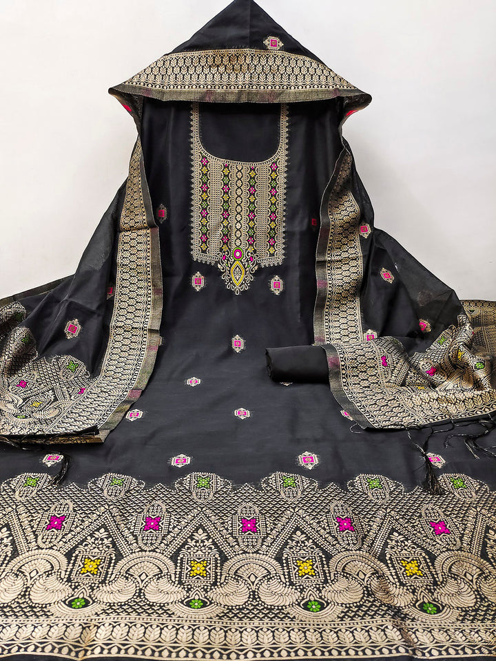 Black Pure Banarasi Chanderi Woven Design Unstitched Dress Material