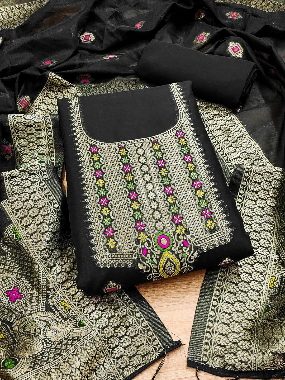 Black Pure Banarasi Chanderi Woven Design Unstitched Dress Material