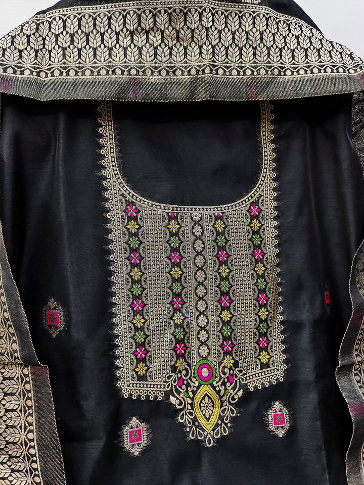 Black Pure Banarasi Chanderi Woven Design Unstitched Dress Material