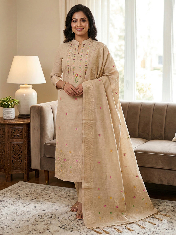 Chikoo Pure Banarasi Chanderi Woven Design Unstitched Dress Material