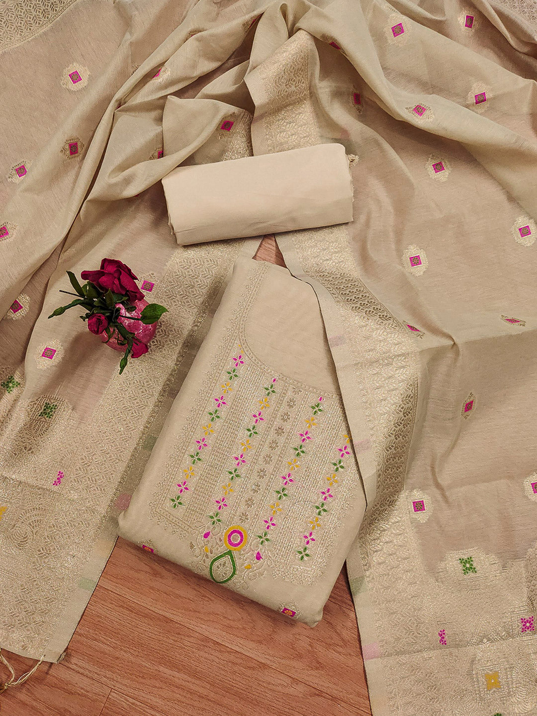 Chikoo Pure Banarasi Chanderi Woven Design Unstitched Dress Material