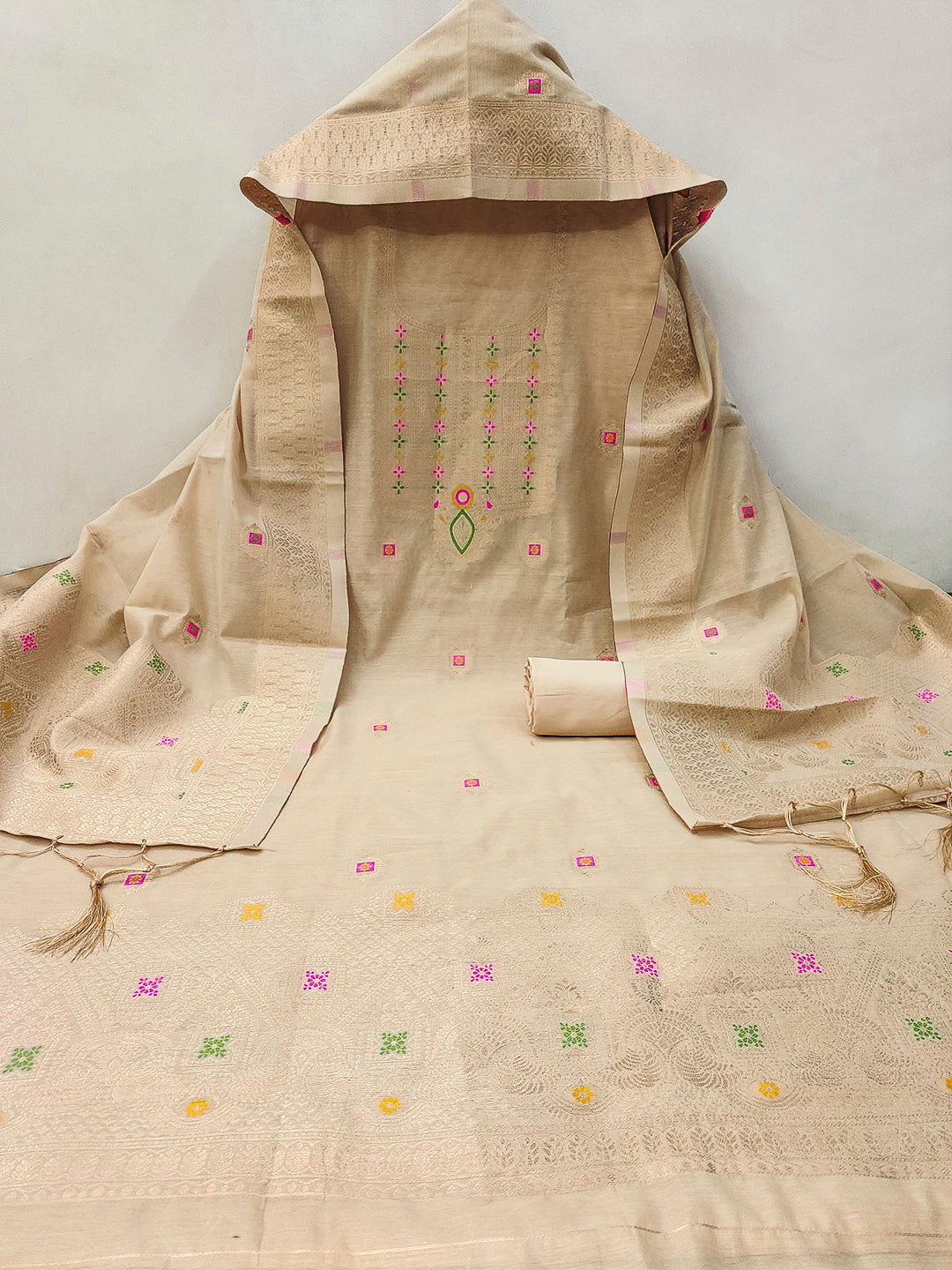 Chikoo Pure Banarasi Chanderi Woven Design Unstitched Dress Material