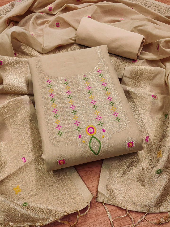 Chikoo Pure Banarasi Chanderi Woven Design Unstitched Dress Material