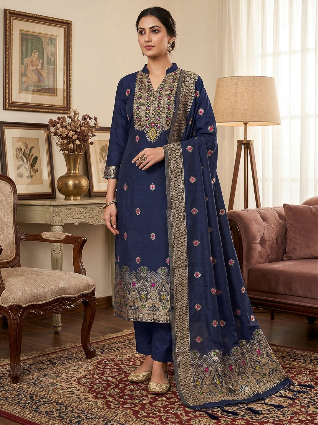 Navy-Blue Pure Banarasi Chanderi Woven Design Unstitched Dress Material