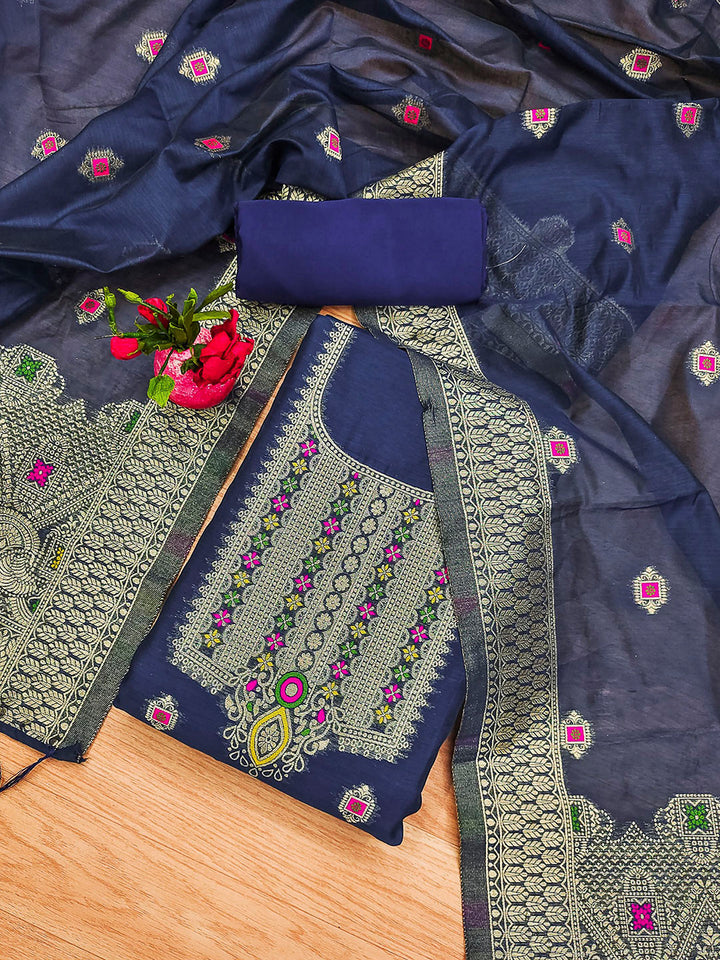 Navy-Blue Pure Banarasi Chanderi Woven Design Unstitched Dress Material