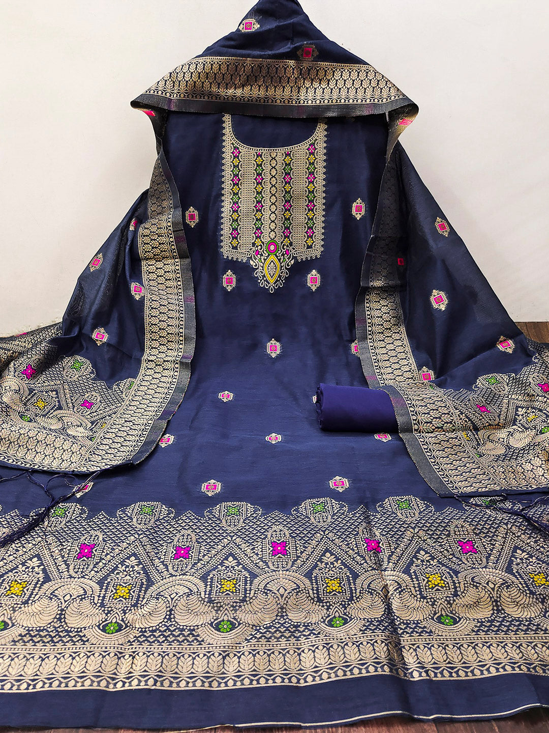 Navy-Blue Pure Banarasi Chanderi Woven Design Unstitched Dress Material