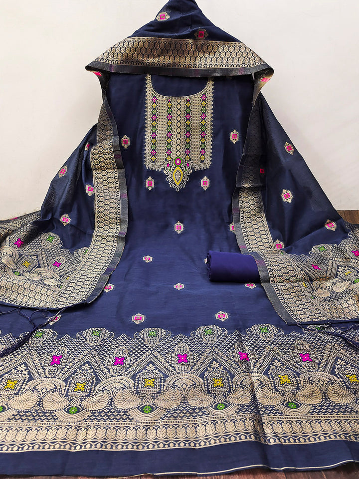 Navy-Blue Pure Banarasi Chanderi Woven Design Unstitched Dress Material