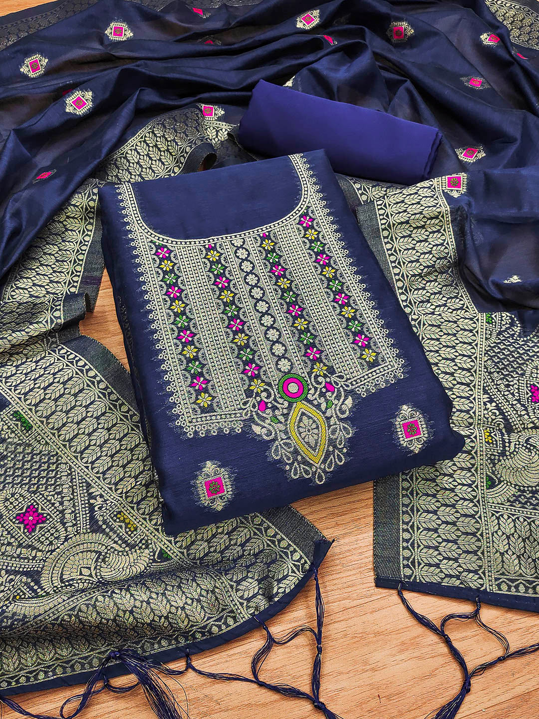 Navy-Blue Pure Banarasi Chanderi Woven Design Unstitched Dress Material