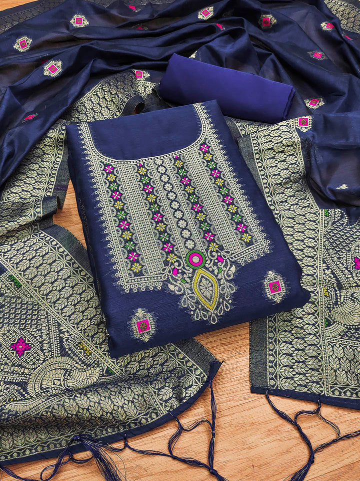 Navy-Blue Pure Banarasi Chanderi Woven Design Unstitched Dress Material