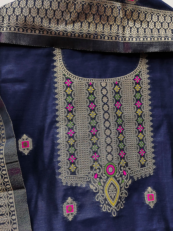 Navy-Blue Pure Banarasi Chanderi Woven Design Unstitched Dress Material
