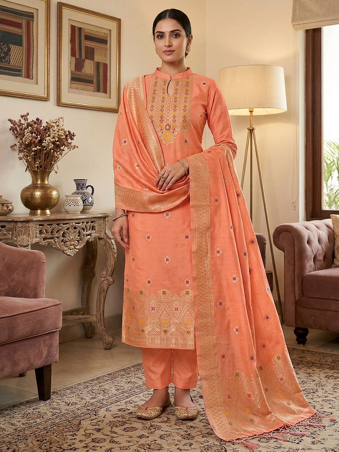 Peach Pure Banarasi Chanderi Woven Design Unstitched Dress Material