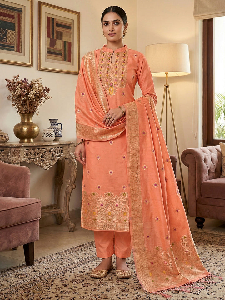 Peach Pure Banarasi Chanderi Woven Design Unstitched Dress Material
