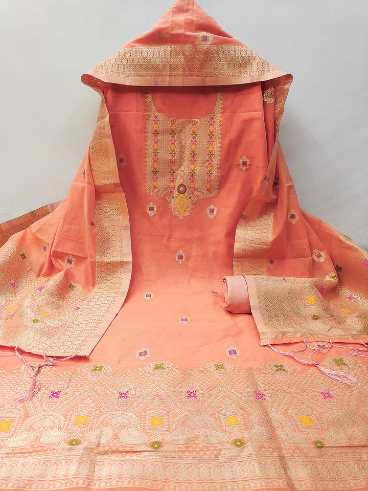 Peach Pure Banarasi Chanderi Woven Design Unstitched Dress Material
