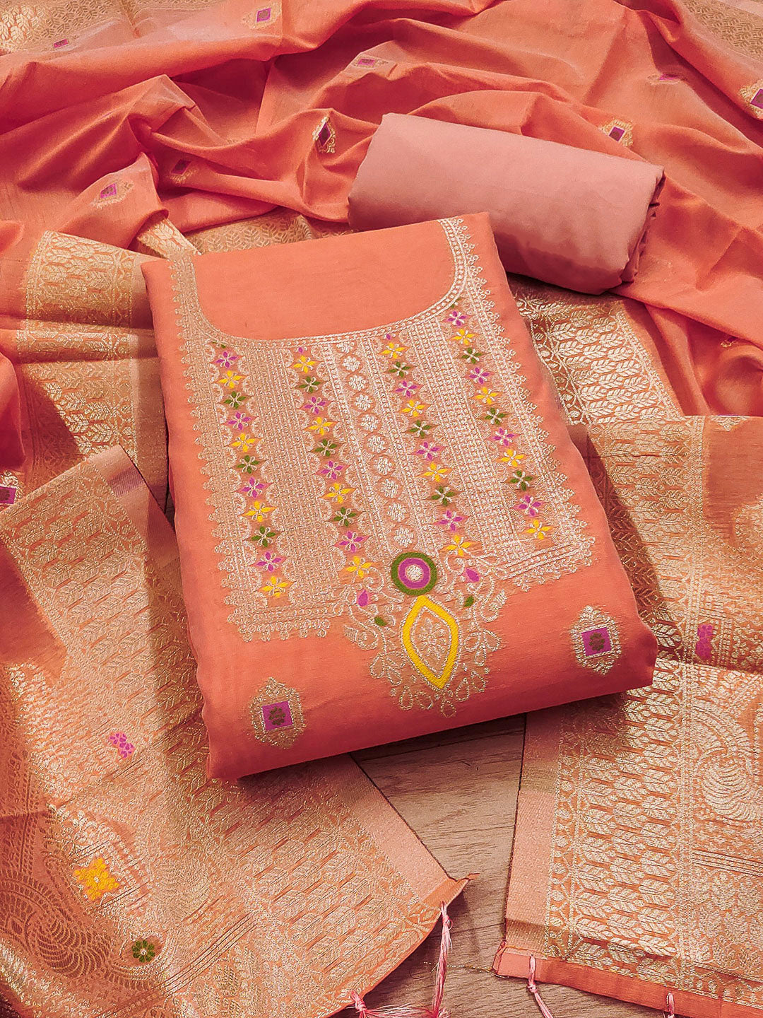 Peach Pure Banarasi Chanderi Woven Design Unstitched Dress Material