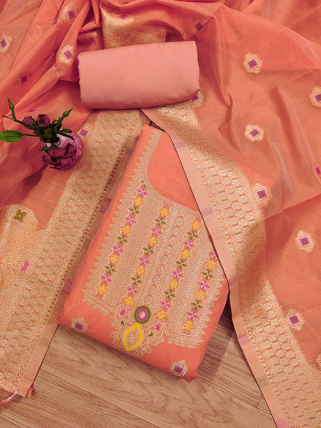 Peach Pure Banarasi Chanderi Woven Design Unstitched Dress Material