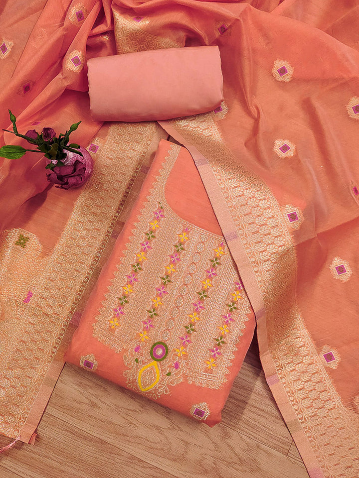 Peach Pure Banarasi Chanderi Woven Design Unstitched Dress Material
