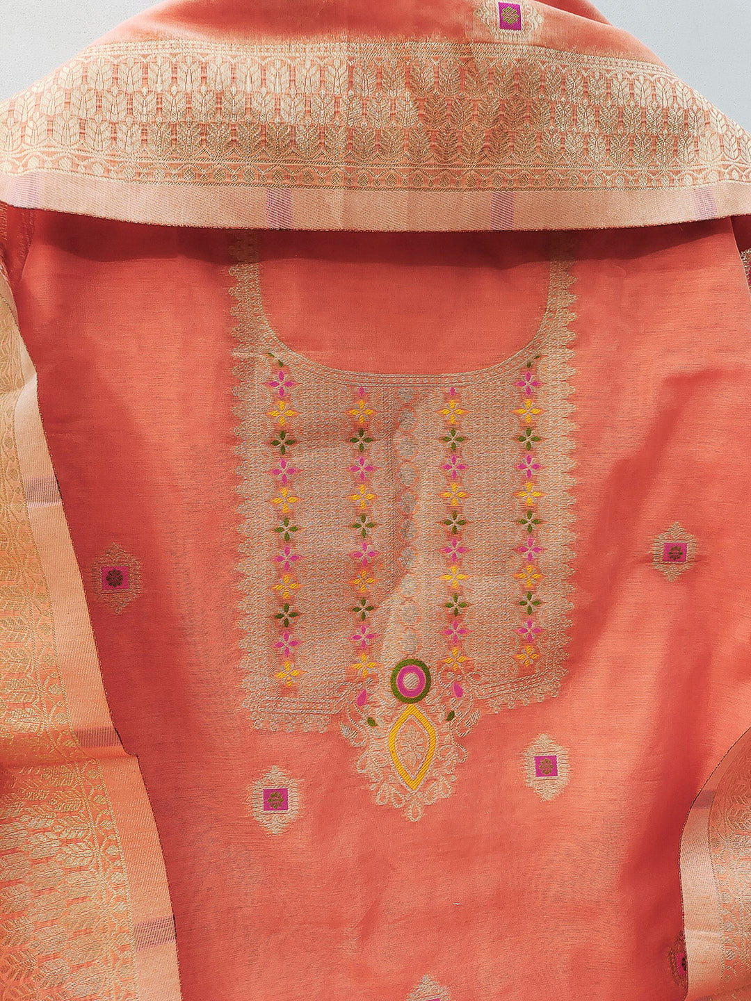 Peach Pure Banarasi Chanderi Woven Design Unstitched Dress Material