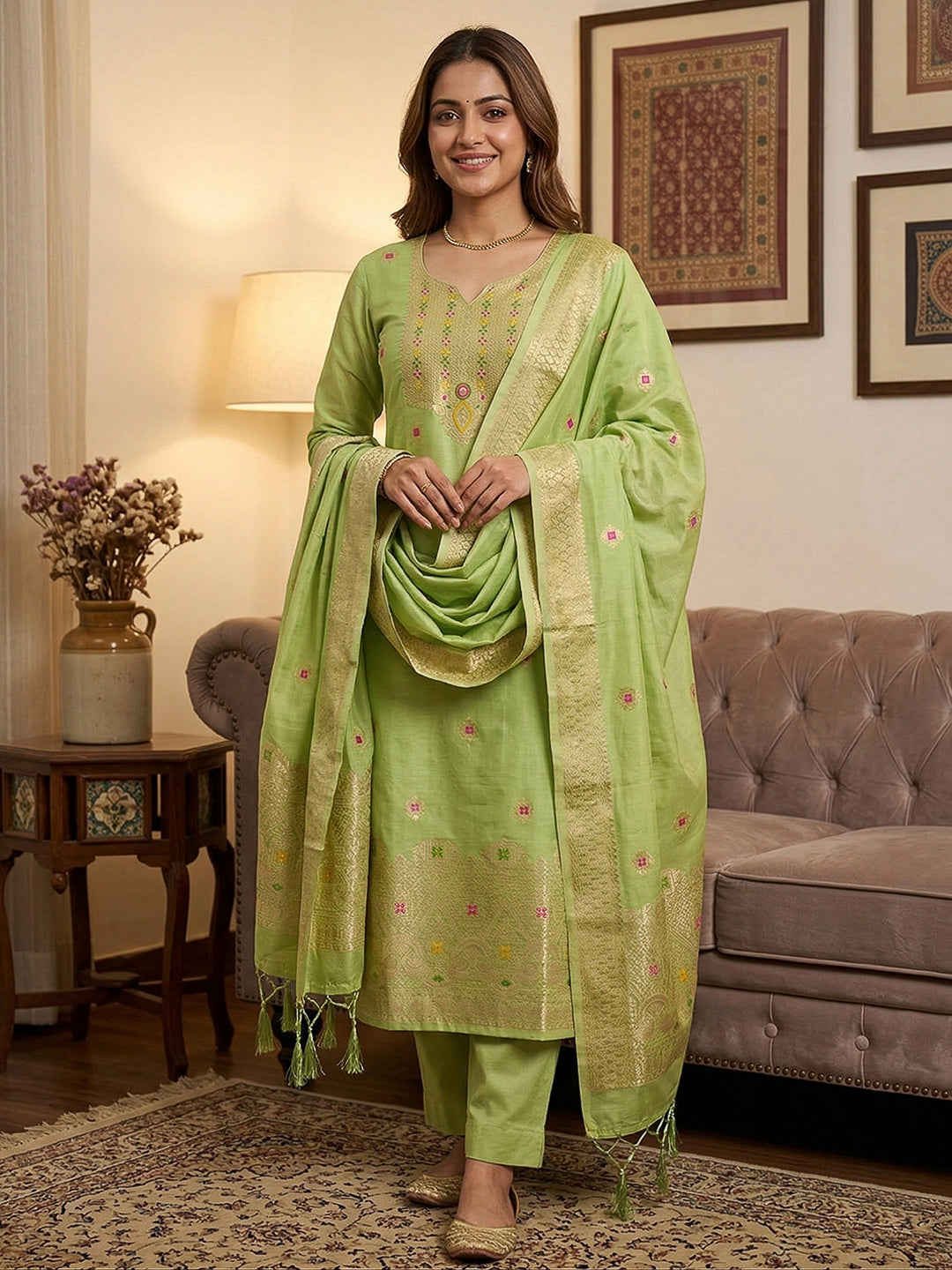 Pista-Green Pure Banarasi Chanderi Woven Design Unstitched Dress Material