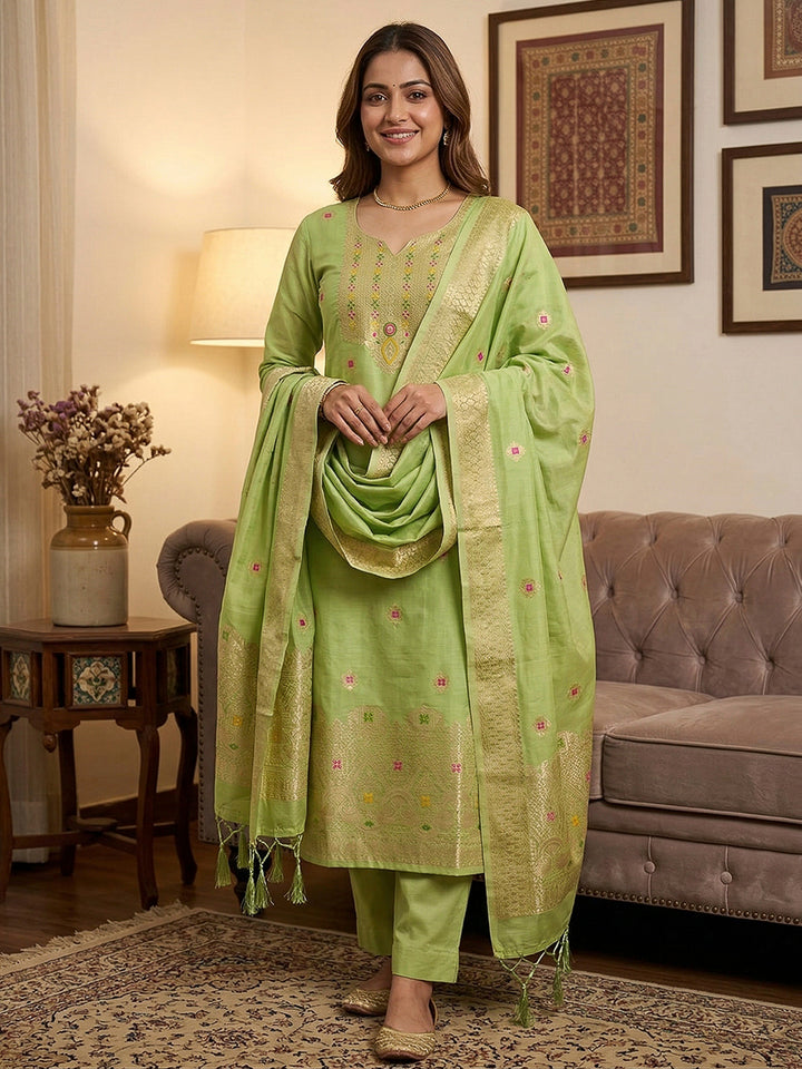 Pista-Green Pure Banarasi Chanderi Woven Design Unstitched Dress Material