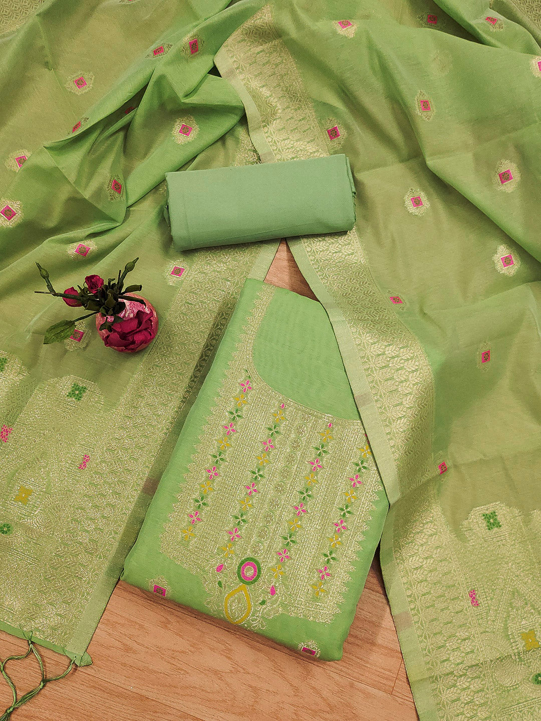 Pista-Green Pure Banarasi Chanderi Woven Design Unstitched Dress Material